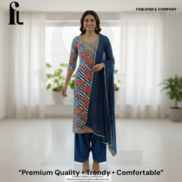 "Royal Blue Floral Suit Set – Premium Embroidered Collection by Fabloom & Company"