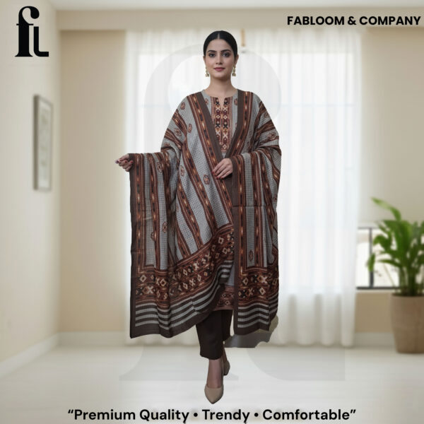Pashmina Woollen Winter Suit – Classic Brown Tribal Weave Print  (Fabloom & Company – Winter Premium Collection)