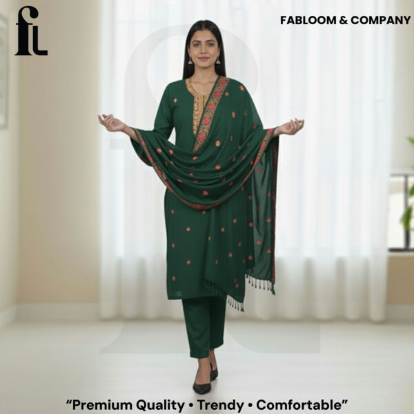FABLOOM & CO – Premium Kashmiri Woollen Suit | Embroidered Neckline | Heavy Shawl Dupatta (Peacock-Green)