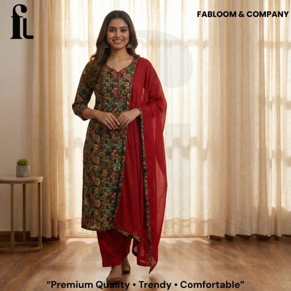 Fabloom & Co – Red & Green Floral Printed Rayon Cotton Kurta Set with Dupatta