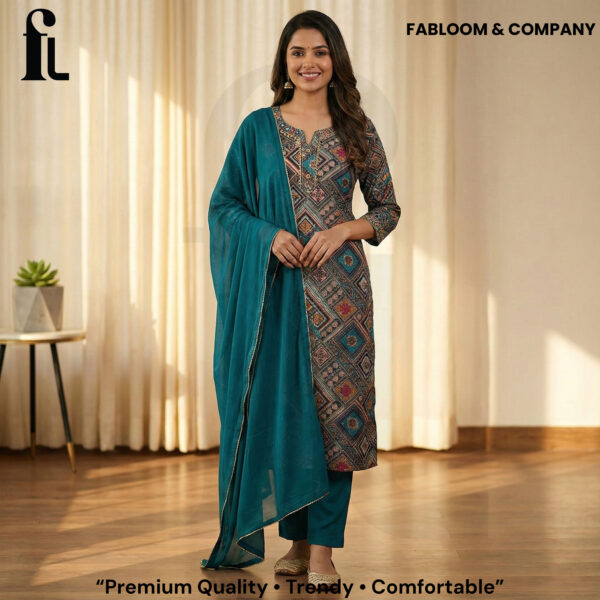 Fabloom & Company – Premium Teal Printed Cotton Suit Set (Kurta, Pant & Dupatta)