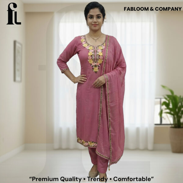 FABLOOM & COMPANY – Premium Roman Silk Embroidered Unstitched Suit Set (Dusty Rose Pink)