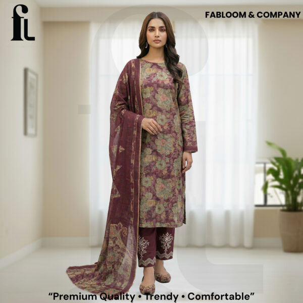 FABLOOM & COMPANY – Premium Winter Unstitched Suit Set (Classic Maroon Floral)
