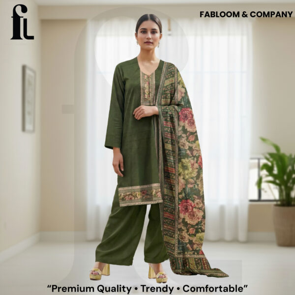 FABLOOM & COMPANY – Premium Winter Unstitched Suit Set (Classic Olive Green Floral)