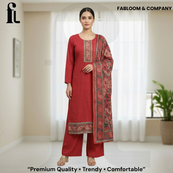 FABLOOM & COMPANY – Premium Winter Unstitched Suit Set (Rust Crimson Floral)