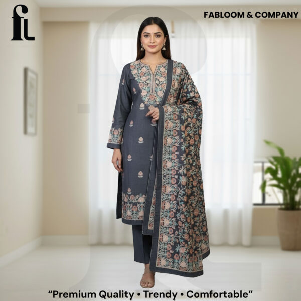 FABLOOM & COMPANY – Premium Winter Unstitched Suit Set (Elegant Slate Grey Floral)