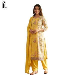 Yellow floral cotton suit set with dupatta front view by Fabloom Co