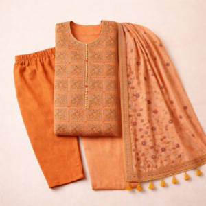 Fabloom Premium Cotton Ethnic Printed Unstitched Suit Set – Elegant Peach Orange
