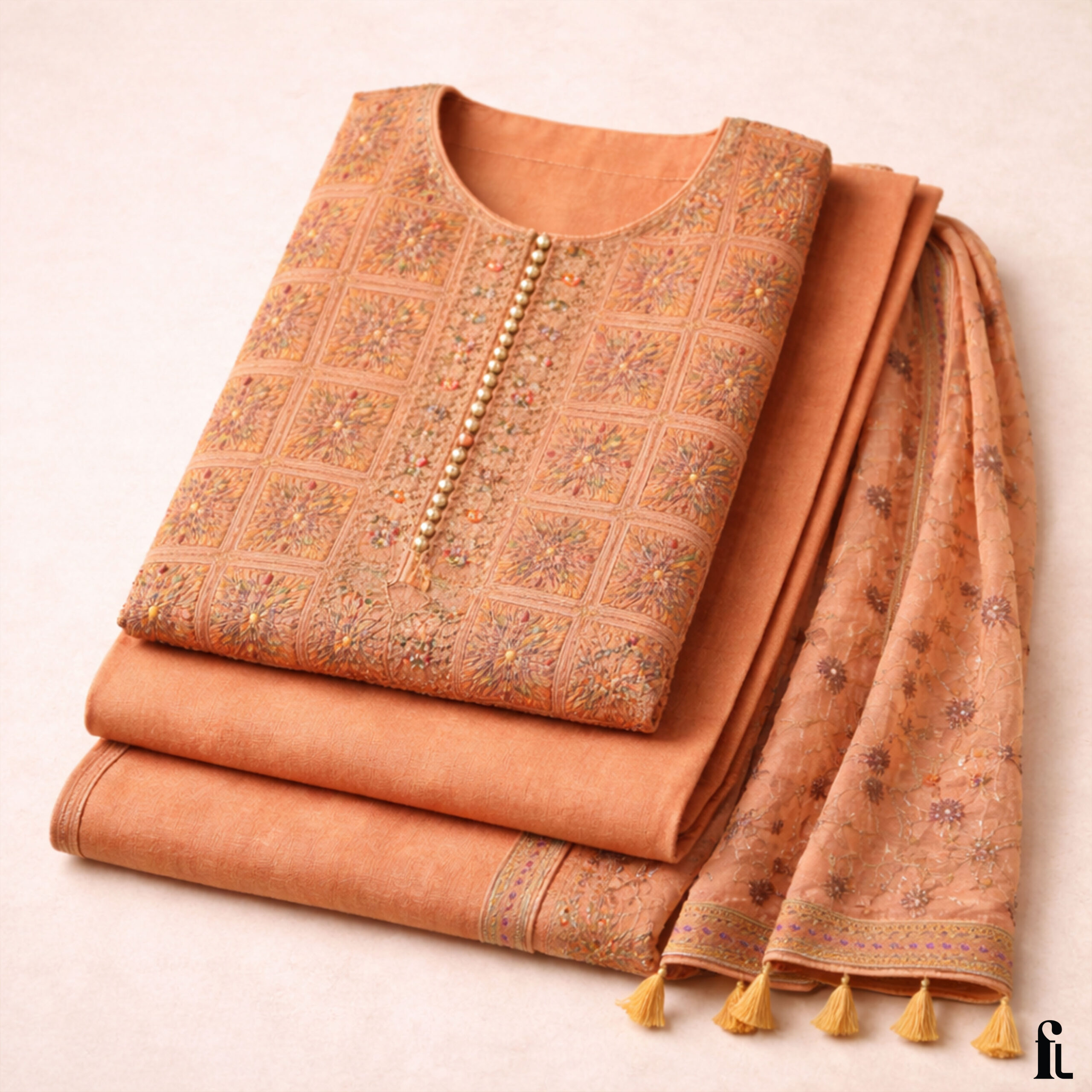 Fabloom Premium Cotton Ethnic Printed Unstitched Suit Set – Elegant Peach Orange FOLDED VIEW