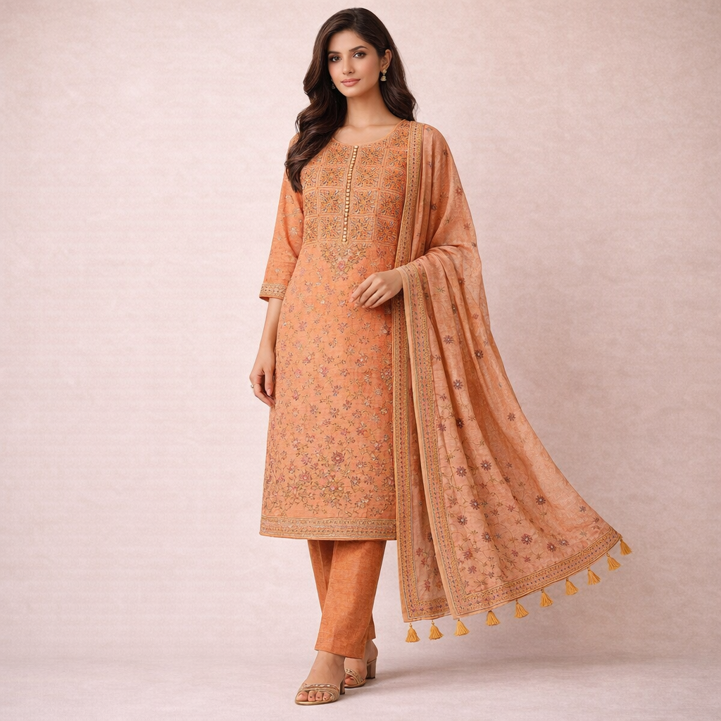 Fabloom Premium Cotton Ethnic Printed Unstitched Suit Set – Elegant Peach Orange FRONT VIEW