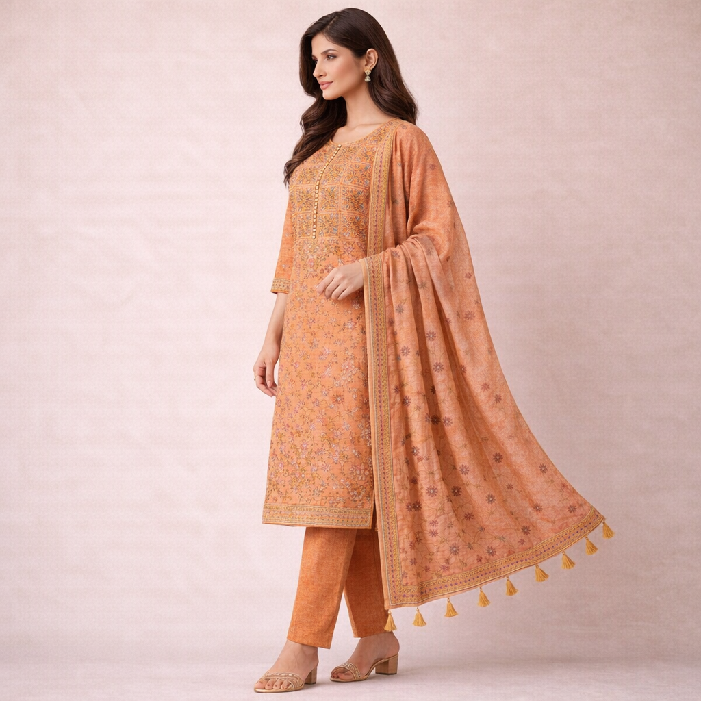 Fabloom Premium Cotton Ethnic Printed Unstitched Suit Set – Elegant Peach Orange Side VIEW
