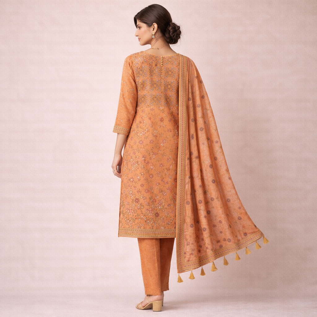 Fabloom Premium Cotton Ethnic Printed Unstitched Suit Set – Elegant Peach Orange BACK VIEW