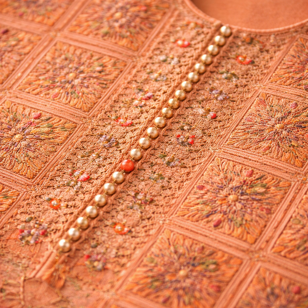 Fabloom Premium Cotton Ethnic Printed Unstitched Suit Set – Elegant Peach Orange