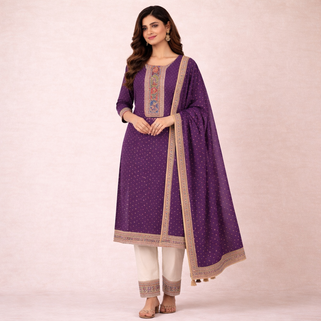 Fabloom Royal Purple Cotton Suit Set front view