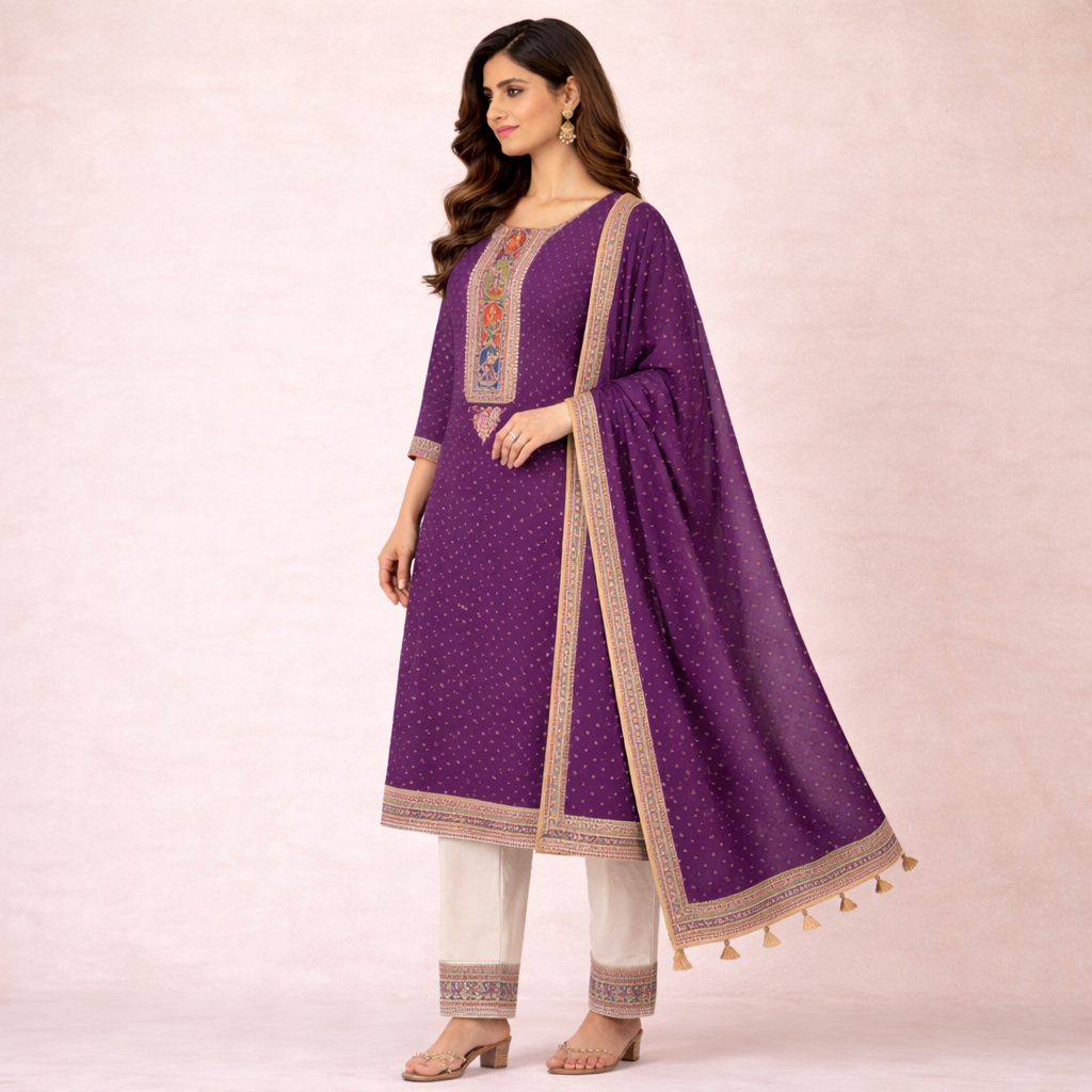 Fabloom Royal Purple Cotton Suit Set side view