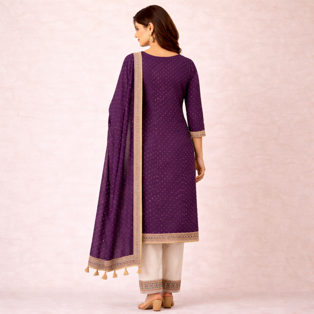 Fabloom Royal Purple Cotton Suit Set back view