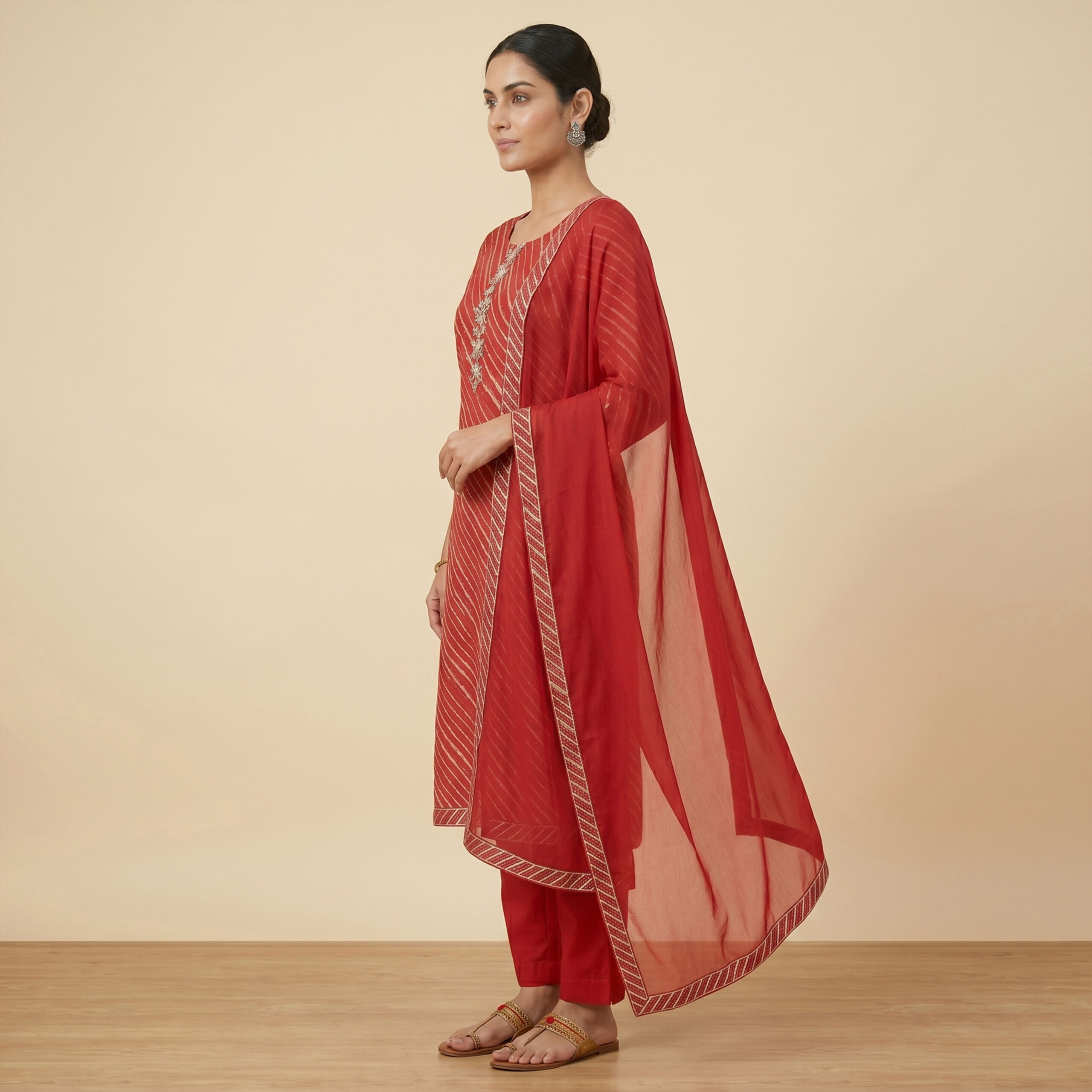 Fabloom Red Leheriya Cotton Suit Set, Side View