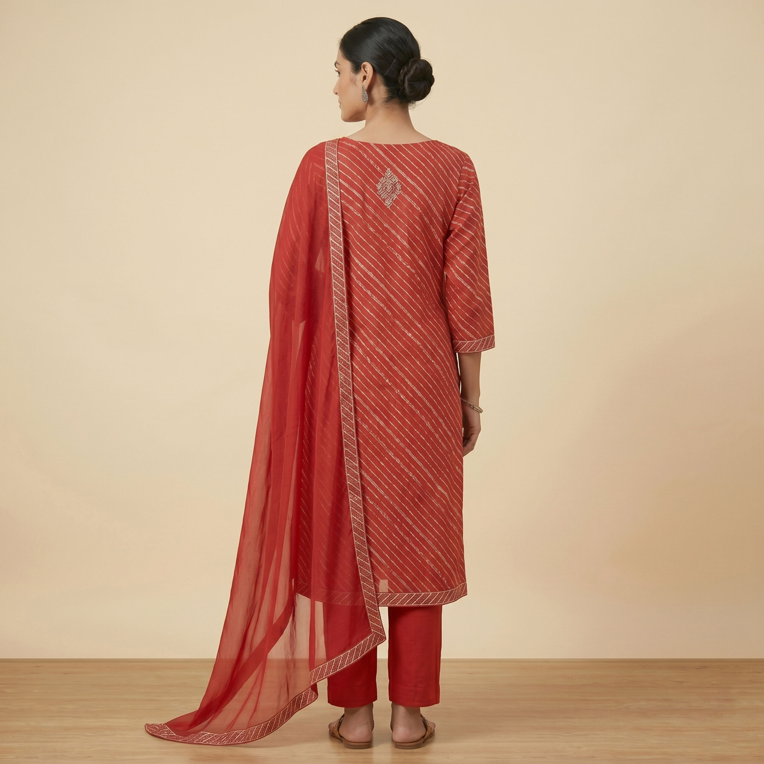 Fabloom Red Leheriya Cotton Suit Set, Back View