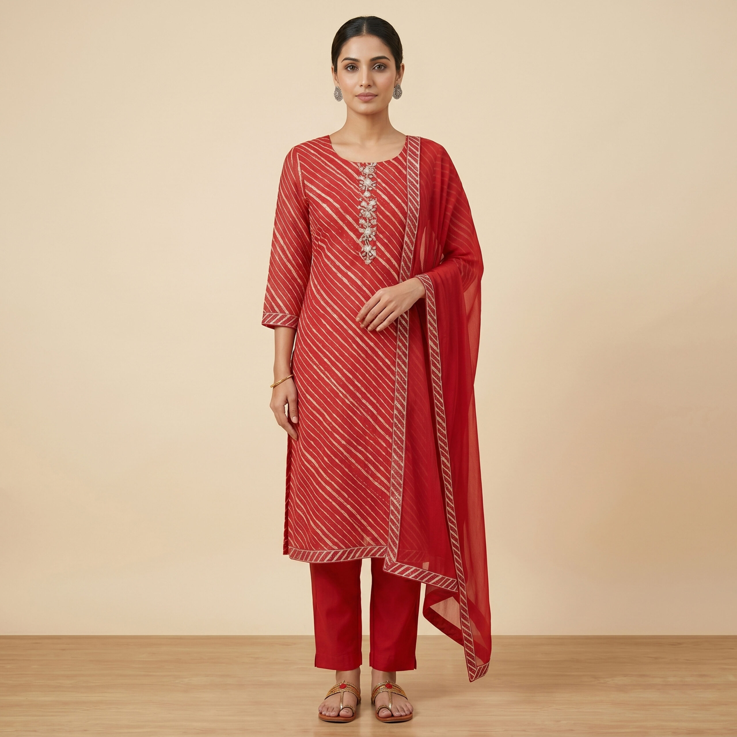Fabloom Red Leheriya Cotton Suit Set, Font View