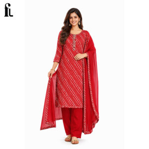 Fabloom Premium Cotton Leheriya Printed Unstitched Suit Set – Classic Red Elegance