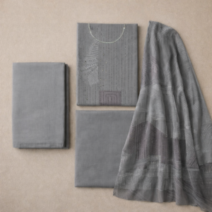 grey unstitched suit set flat lay with dupatta